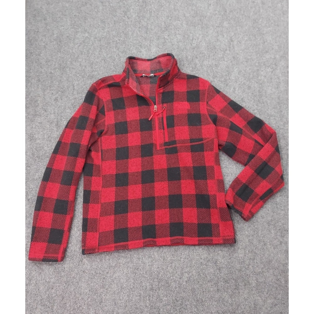 The North Face Fleece Pullover Mens Large Red Black 1/4 Zip Buffalo Plaid Tech